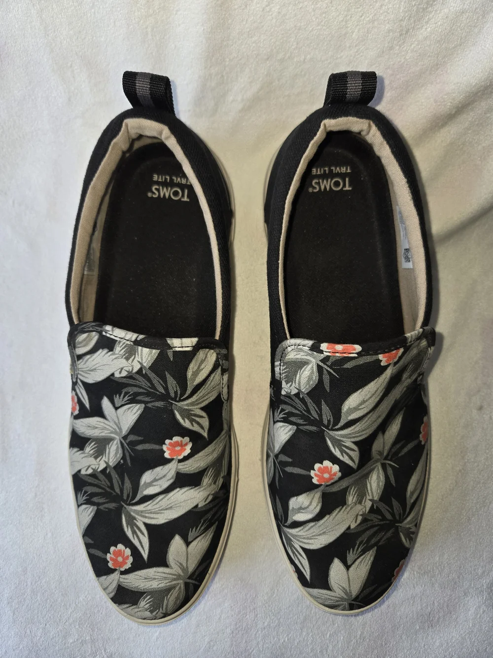 TOMS Black Floral Slip-On Sneakers with Coral Accents